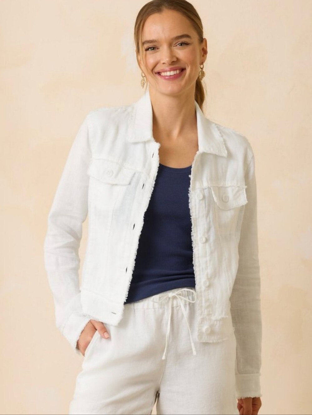 Tommy Bahama Women's Two Palms Linen Raw Edge Jacket in White sz MEDIUM